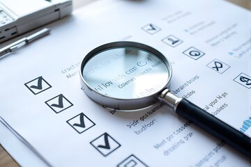 Magnifying glass over checklist with checkmarks.