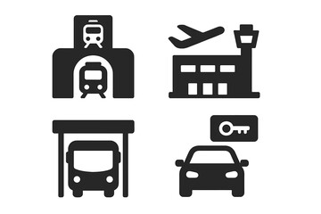 Urban mobility icons grid solid filled icon set with train station, airport terminal, bus depot, car rental, transportation hubs, urban transit, travel vector illustration