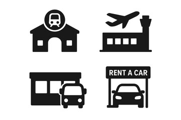 Urban Mobility Icon Set Grid. Solid Filled Vector Icons of Urban Transport Hubs Including Train Station, Airport Terminal, Bus Depot, Car Rental Service, Modern City Transportation Symbols