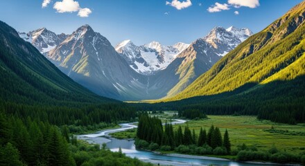 Mountain river valley view, snow peaks, forests, meadow on sunny day