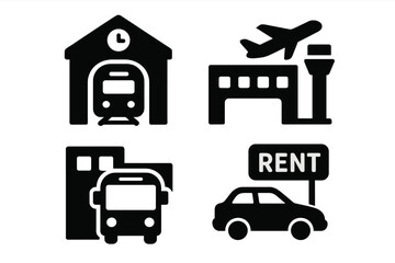 Urban mobility icons grid solid filled vector set of transportation hubs including train station, airport terminal, bus depot, car rental service, city transit symbols