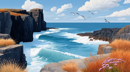 Serene coastal cliffs with waves crashing under a vibrant blue sky