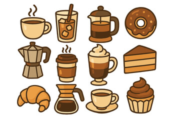 Stylized Coffee and Dessert Icons Collection, Playful Vector Cartoon Illustrations Featuring Various Coffee Brewing Methods, Hot and Cold Coffees, Cupcakes, Donut, Croissant, and Cake