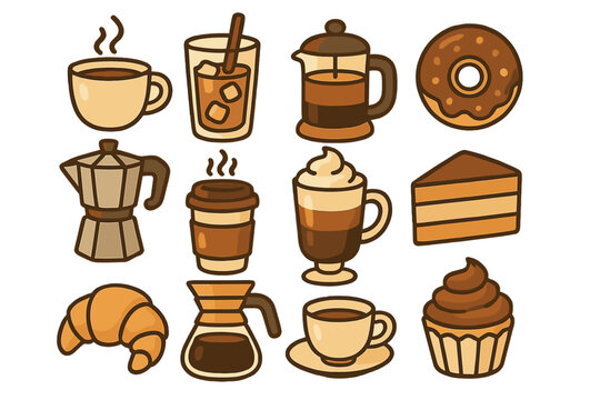 Stylized Coffee and Dessert Icons Collection, Playful Vector Cartoon Illustrations Featuring Various Coffee Brewing Methods, Hot and Cold Coffees, Cupcakes, Donut, Croissant, and Cake