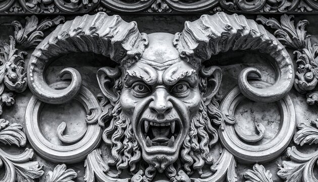 Ornate demonic face carved in stone