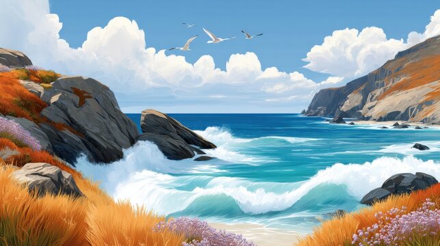 Scenic coastal cliffs with waves and vibrant foliage under a bright sky