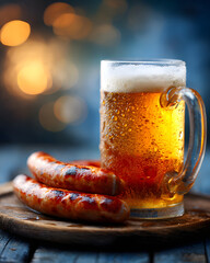 A close-up of golden bratwurst and frosty beer evoking warmth and celebration.