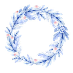 watercolor blue oak leaves, branches, pink berries, winter round wreath, hand drawn sketch of forest seasons decorated, Christmas event, party pattern, botany illustration for card decoration