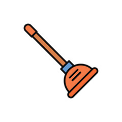 An orange plunger with a brown handle and a blue collar The plunger is on a white background. Editable stroke. Icon vector illustration