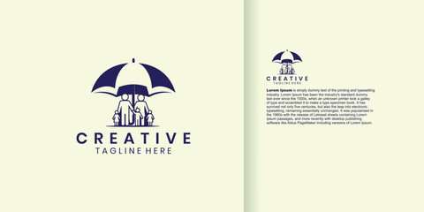 Creative logo design featuring an umbrella sheltering figures, with accompanying text and layout.