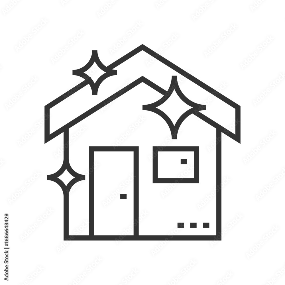 Poster an outline of a house with a door window and roof with starlike elements around it. editable stroke.