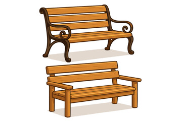 Two distinct designs of garden benches showcasing elegant wrought iron and simple wooden styles, outdoor seating options, vector cartoon illustration, transparent background