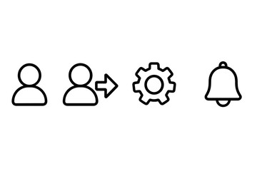 User interface outline icon set including profile, login, logout, settings, notification icons, vector cartoon illustration with transparent background, modern UI design elements collection