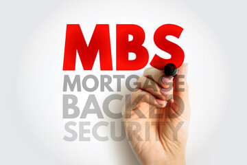 MBS Mortgage Backed Security - bonds secured by home and other real estate loans, acronym text...