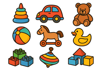 Fototapeta premium Playful Toy Icons Collection for Children’s Projects and Designs, Colorful Cartoon Vector Illustrations on Transparent Background, Ordered Set of Classic Kids’ Toys