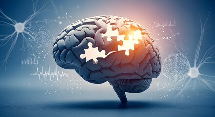 Human Brain with Puzzle Pieces and Neural Network Digital Overlay in Blue and Orange