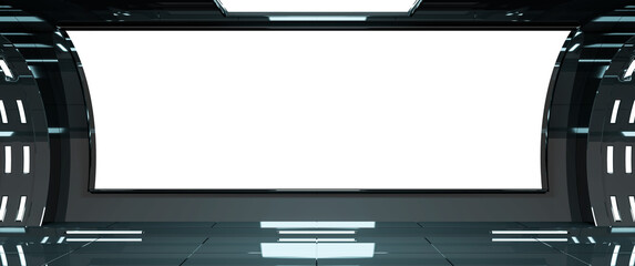 Black spaceship with isolated cut out transparent window. Futuristic bright glossy interior with glowing lights