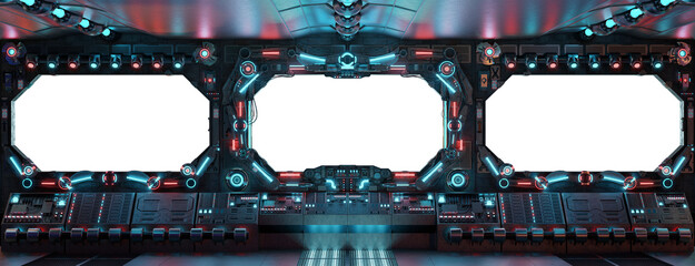 Grunge dark spaceship cockpit with isolated cut out transparent window. Futuristic black starship interior with glowing lights. 3D rendering