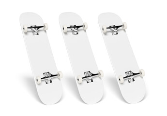Three white blank skateboard isolated on transparent background. 3D rendering