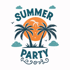 Obraz premium Vibrant Summer Party Design with Palm Trees, a Warm Sunset, and Festive Typography for a Tropical Celebration