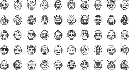 Collection of retro sci-fi robot face icons in doodle art style hand drawn vector