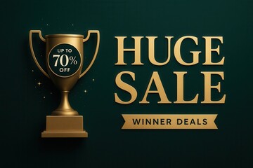 Eye-catching banner with HUGE SALE and UP TO 70% OFF deal, luxurious gold style, enticing retail discount promotion.