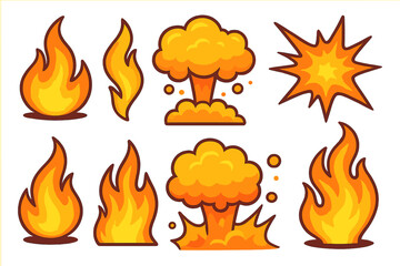 Vibrant flame and explosion vector illustrations, fiery cartoon fire icons with bright orange and yellow colors, distinct shapes, comic-style fire bursts, smoke clouds, transparent background set