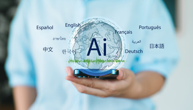 AI assistant language translation technology with globe and multilingual words, artificial intelligence, speech recognition, global communication and real-time voice translation on mobile devices.