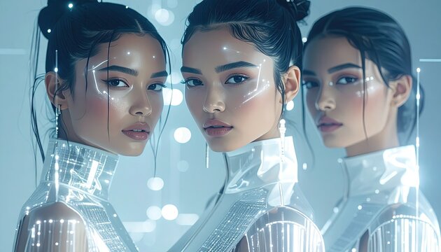 Three Asian Women in Futuristic Glowing White Outfits
