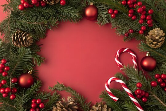 Christmas wreath with fir branches, ornaments, and candy canes on red background