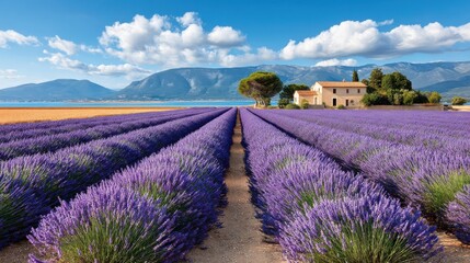 Obraz premium A vibrant lavender field with a rustic house and mountain backdrop