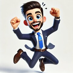 A 3D-rendered cartoon-style character of a joyful businessman with a neatly trimmed beard and slicked-back dark hair