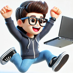 A 3D-rendered cartoon-style character of a joyful web developer with a neatly styled haircut and glasses, radiating enthusiasm