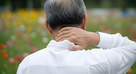 Elderly Man in White Shirt Touching Neck in Garden with Colorful Flowers