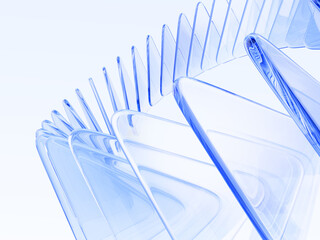 Fototapeta na wymiar Abstract light blue 3d background with glass transparent triangle plate row. Crystal glossy triangular shapes with circular motion effect. Futuristic digital tech, layers wave pattern. 3D illustration