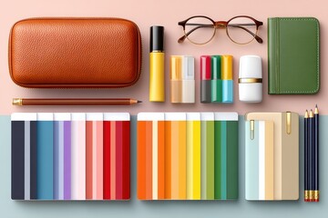 Flat lay of colorful stationery and office accessories on pastel backgrounds