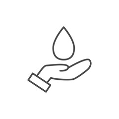 Line drawing of a hand cupping a teardrop shape with a square at the wrist. Editable stroke. Vector illustration