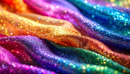 sparkling glitter colorful fabric texture with shimmering surface and soft textile folds, full frame background