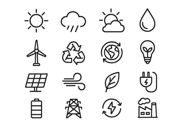Weather and Energy Outline Icon Set, Solar Power, Renewable Energy, Climate Change, Sustainability Symbols, Eco-Friendly Vector Cartoon Illustration, Transparent Background, Ordered Set 4