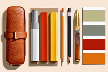 Stylish stationery items and leather case arranged neatly in a flat lay