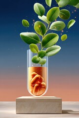 Natural supplement concept showcased with plant growing from capsule