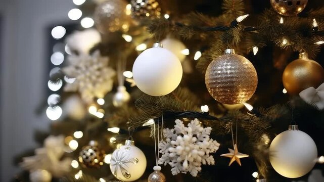Christmas tree decorated with toys, golden baubles, and garland in a festive Scandinavian interior. Video for holiday, family, and seasonal projects.