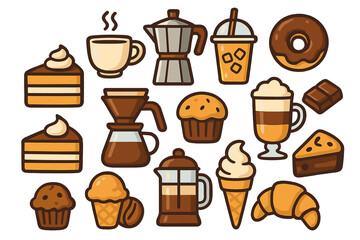 Stylized coffee and dessert icons in playful pattern showcasing various coffee brewing methods, delicious sweet treats, cakes, muffins, ice cream, donuts, croissants vector cartoon illustration