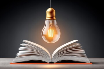 Illuminated lightbulb hovering above an open book on a dark surface