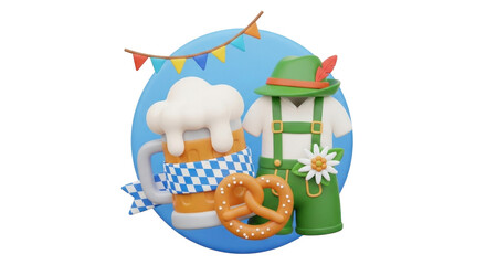 Naklejka premium A festive Oktoberfest celebration with a large beer mug, pretzel, and traditional Bavarian clothing.