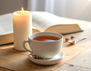 Burning candle with tea cup and book on wooden table