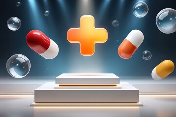 Floating medical cross and capsules with illuminated platform in futuristic environment