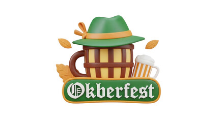 A green and yellow Oktoberfest mug with a green hat and a beer mug on a white background.