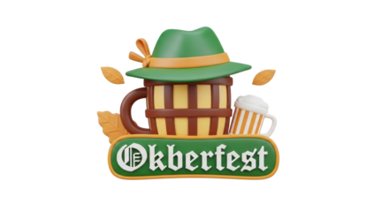 A green and yellow Oktoberfest mug with a green hat and a beer mug on a white background.