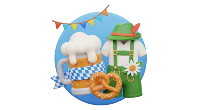 A festive Oktoberfest celebration with a large beer mug, pretzel, and traditional Bavarian clothing.